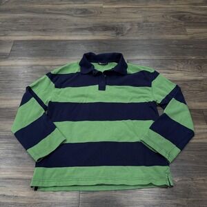 Zara Polo Shirt Womens Medium Green Navy Stripe Rugby Long Sleeve Casual FLAW